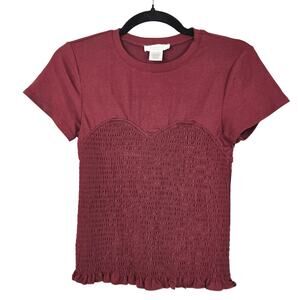Kirious Shirt Womens Small Burgundy Smocked Sweetheart Ruffle Hem Short Sleeve